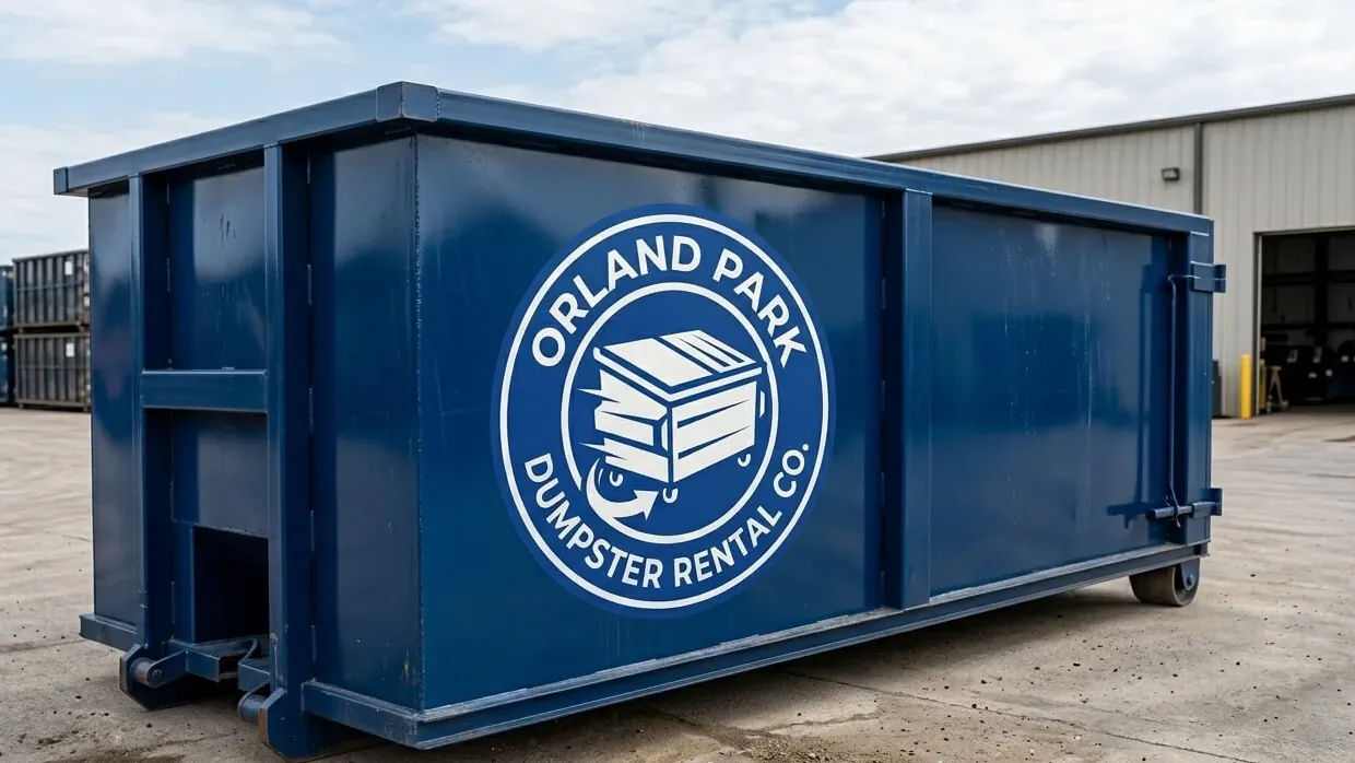 15 yard dumpster rental in Orland Park, IL: a fifteen yard roll-off backed up to the eave of a hip-roofed Orland Park ranch on plywood, a single layer of stripped asphalt shingle lying flat across the floor and a ladder resting against the gutter line in late summer. 15 yard dumpster rental in Orland Park, IL: a fifteen yard roll-off backed up to the eave of a hip-roofed Orland Park ranch on plywood, a single layer of stripped asphalt shingle lying flat across the floor and a ladder resting against the gutter line in late summer.