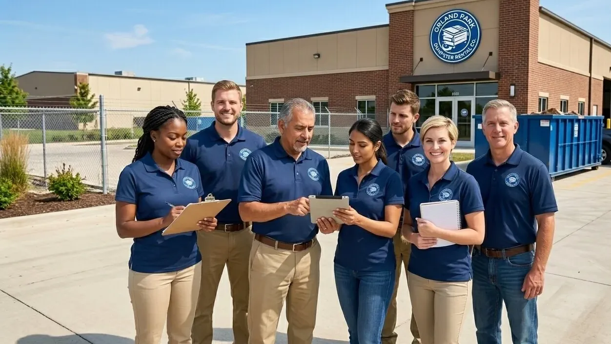 About Orland Park Dumpster Rental Co — the crew at the 183rd Place base on the Will County side of the village, where the trucks are loaded for runs across both counties