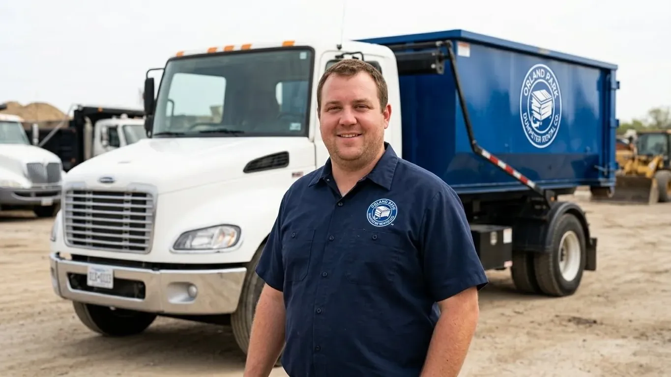 Orland Park Dumpster Rental driver talking a customer through container placement in Orland Park, IL