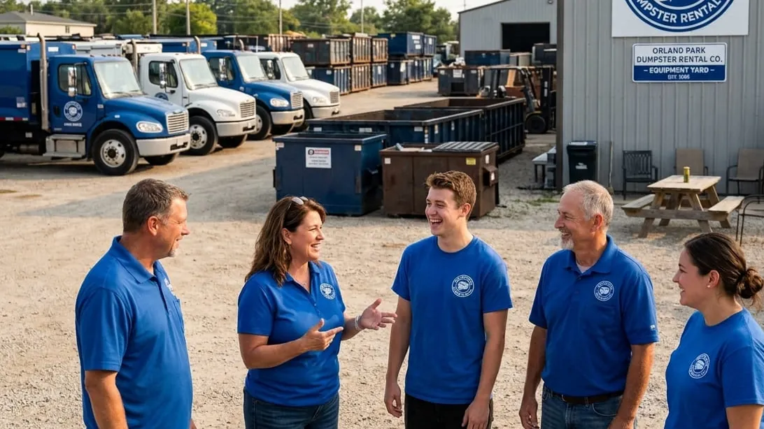 The Orland Park Dumpster Rental Co crew talking through the day’s routes at the yard