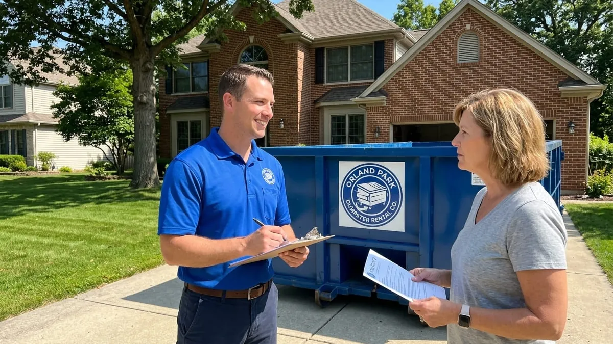 Orland Park Dumpster Rental team member answering customer questions in Orland Park, Illinois Orland Park Dumpster Rental team member answering customer questions in Orland Park, Illinois