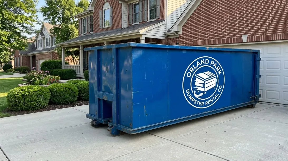 Dumpster rental in Mokena, IL: a roll-off container standing square on plywood in a suburban-width driveway in this Will County village of 8.69 square miles, torn bathroom tile, a vanity and rolled carpet loaded below the rail, on the same Frankfort Township ground our routes start from. Dumpster rental in Mokena, IL: a roll-off container standing square on plywood in a suburban-width driveway in this Will County village of 8.69 square miles, torn bathroom tile, a vanity and rolled carpet loaded below the rail, on the same Frankfort Township ground our routes start from.