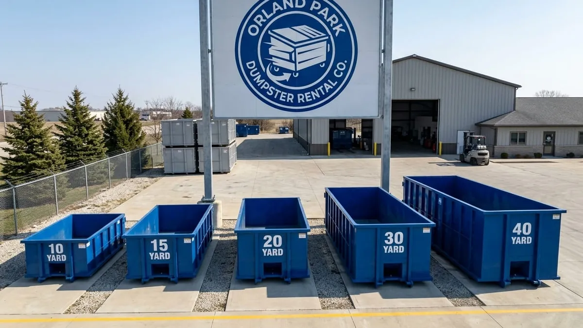 Dumpster rental services in Orland Park, Illinois — containers staged at the 183rd Place yard, low-sided heavy boxes at one end and tall bulky-load boxes at the other