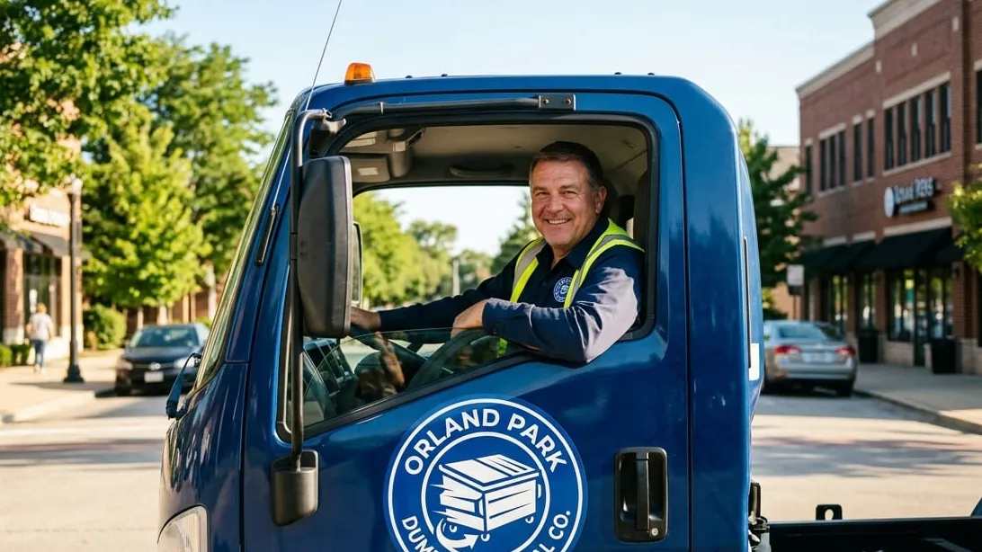 An Orland Park Dumpster Rental Co driver beside the roll-off truck fleet on 183rd Place
