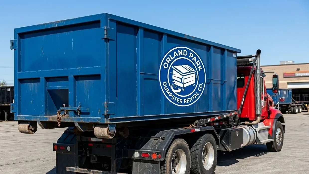 Roll-off dumpster rental in Worth, IL: a container set square on boards on a short drive in the smallest land area of any municipality on this list, a stripped bathroom’s tile, tub and vanity loaded inside, close lot lines on both sides of the Cook County village street. Roll-off dumpster rental in Worth, IL: a container set square on boards on a short drive in the smallest land area of any municipality on this list, a stripped bathroom’s tile, tub and vanity loaded inside, close lot lines on both sides of the Cook County village street.
