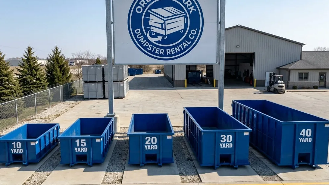 Roll-off dumpster size comparison for Orland Park, Illinois — the five container sizes set side by side so the rated volume and the outside dimensions can be read against the Village’s own residential size rule